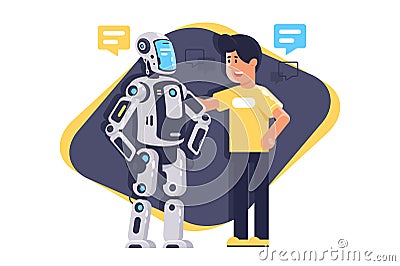 Flat young man talking to robot with speech bubble, robot and people. Vector Illustration