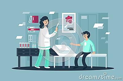 Flat young man at vaccination with woman nurse with syringe. Vector Illustration