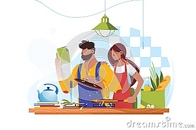 Flat young man and woman couple cooks together. Cartoon Illustration