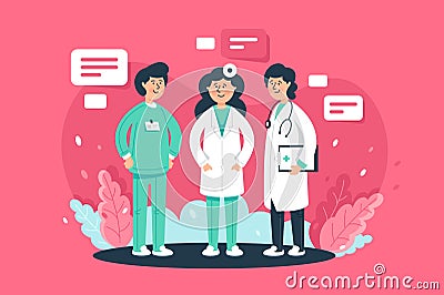 Flat young team doctors with woman and man. Vector Illustration