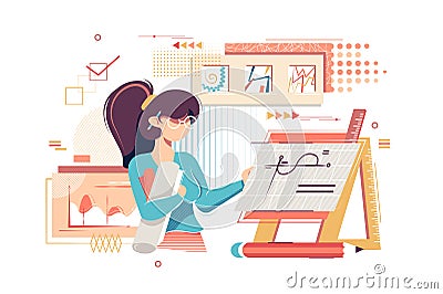 Flat young woman artist engineer with drawings, graphics and work equipment. Vector Illustration