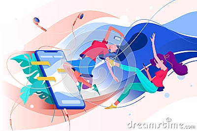 Flat young woman with mobile phone and headphones watching online stream with chat. Vector Illustration