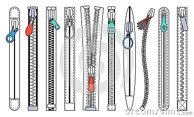 Flat zippers with pullers. Isolated zipper fastener, clothing industry and tailor elements. Clasp for children and adult Vector Illustration