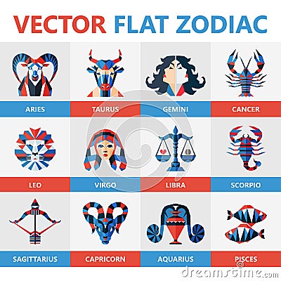 Flat zodiac signs, horoccope, stars, astrology. Stock Photo