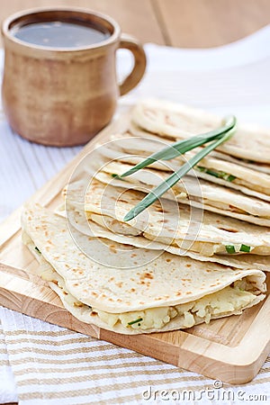 Flatbread with mashed potato and spring onion Stock Photo