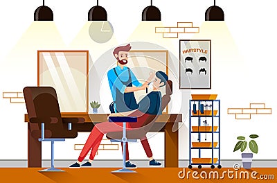 A bearded hair barber cuts a man client`s mustache and beard at a men`s barber shop. Barber shop interior design with chairs, mirr Vector Illustration