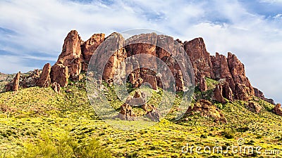 The Flatiron form Lost Dutchman State Park on a Sunny Day with Clouds Stock Photo