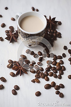 Flatlay coffee cup and coffee beans on a white background Stock Photo