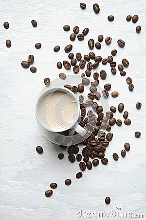 Flatlay coffee cup and coffee beans on a white background Stock Photo