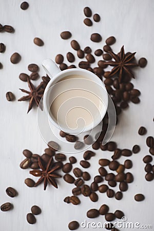 Flatlay coffee cup and coffee beans on a white background Stock Photo