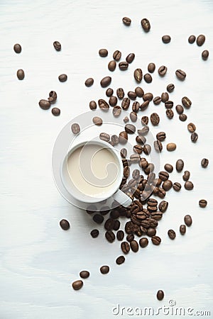 Flatlay coffee cup and coffee beans on a white background Stock Photo