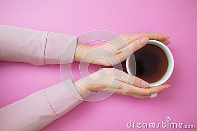 Flatlay with coffee mug and woman hands Stock Photo