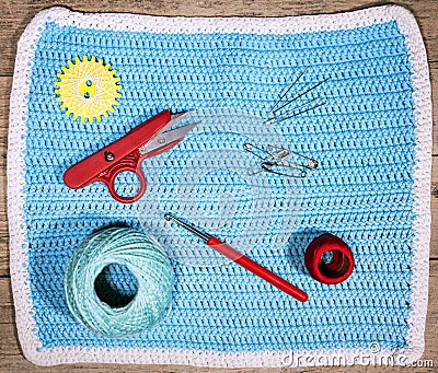 Flatlay, material vor handiwork, crochet hook, scissors, yarn an Stock Photo