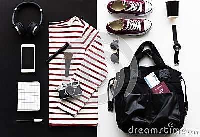 Flatlay of outfit for travel Stock Photo