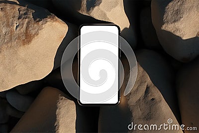 Flatlay phone on sand-colored stones. Free space for text, mockup Stock Photo