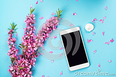 Flatlay with smartphone mock up and flowers. Floral pattern at blue background. Top view. Flowers composition. Spring background Stock Photo