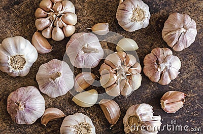 Flatlay top view Garlic Cloves and Garlic Bulb Stock Photo