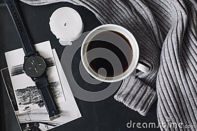 Flatlay of winter sweater and coffee Stock Photo