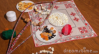 Flatly Survakane, Survachka On Table. Bulgarian Traditional Cornel Stick With Decorations Stock Photo