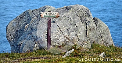 Flatrock sign on East Coast Trail, Newfoundland, Canada Stock Photo