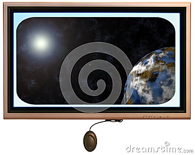 Flatscreen Monitor With Sun And Planet In Display Stock Photo