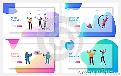 Flatten Curve of Covid19 Pandemic Landing Page Template Set. Tiny Characters at Presenting Spreading of Epidemic Vector Illustration