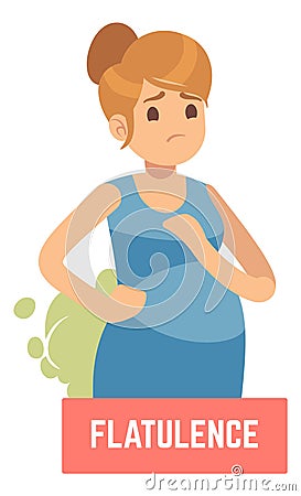 Flatulence symptom. Sad pregnant woman suffer from belly gas Vector Illustration