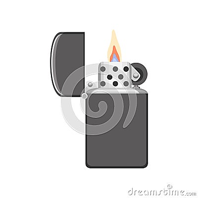 Flatvector icon of pocket cigarette lighter with gray metal housing and hinged lid. Object for smoker Vector Illustration