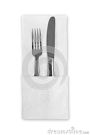 Flatware and White Linen Napkin Stock Photo