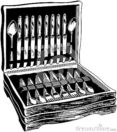 Flatware In Wooden Case Vector Illustration