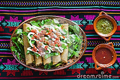 Flautas de pollo tacos and Salsa Homemade food Mexican mexico city Stock Photo