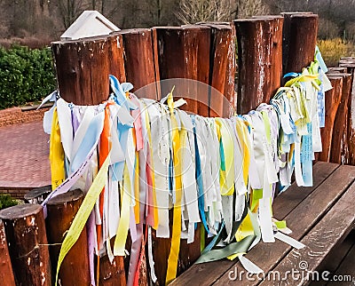The Flavius wish ribbons of the Virgen Mary and young Flavius, future roman emperor, legend of his recovery in the museum Heviz, Stock Photo