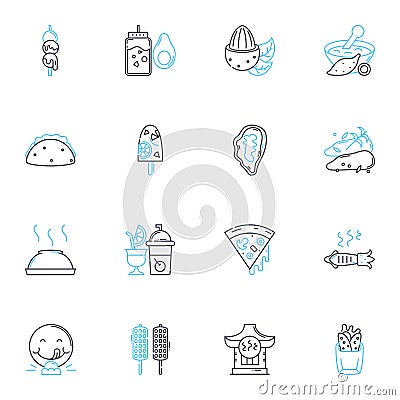 Flavor depot linear icons set. Savory, Satisfying, Indulgent, Appetizing, Delectable, Succulent, Heavenly line vector Vector Illustration