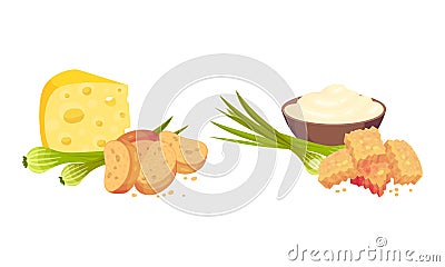 Flavored Crouton as Pieces of Seasoned Rebaked Bread Vector Set Vector Illustration