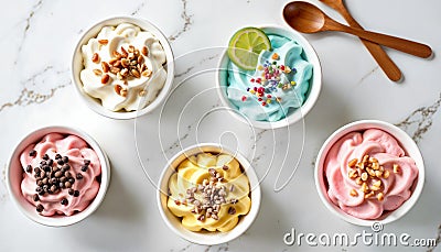 Flavored ice creams, variety flavored cups on a table with wooden spoons, delicious ice cream desserts with toppings Stock Photo