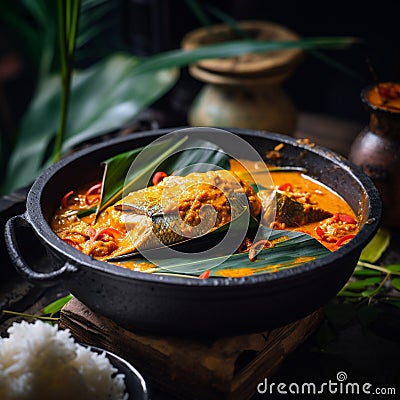 Flavorful Cambodian Amok Trey with Rice and Salad Stock Photo