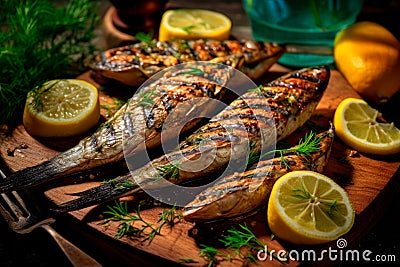 Flavors of the Coast: Grilled Mackerel with a Zesty Blend of Olive Oil, Lemon, and Fresh Herbs Stock Photo