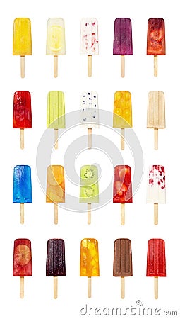 20 Flavors of Popsicles or Ice Lollies on White Stock Photo