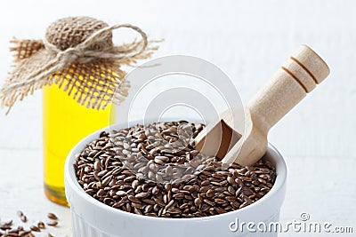 Flax seed and linseed oil Stock Photo