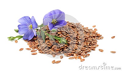 Flax seeds with flower isolated on white background. flaxseed or linseed. Cereals. Stock Photo