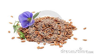 flax seeds with flower isolated on white background. flaxseed or linseed. Cereals. Stock Photo