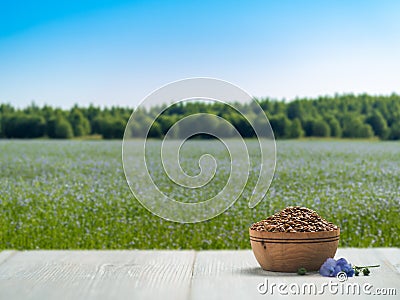 Flaxseeds on wooden tabletop mock up, copy space Stock Photo