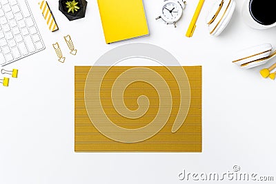 Flay lay of office desk with white background Stock Photo