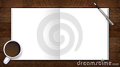 Flay lay space on the desk Area space enter text. mockup coffee cups, Pen note paper Placed on a White table wood top view desk Stock Photo