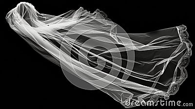 Flaying wedding white Bridal veil isolated on black background. Stock Photo