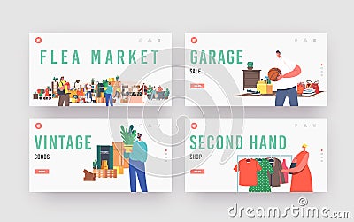 Flea Market Landing Page Template Set. Characters Shopping Antique Things. Garage Sale, Outdoor Retro Bazaar Vector Illustration
