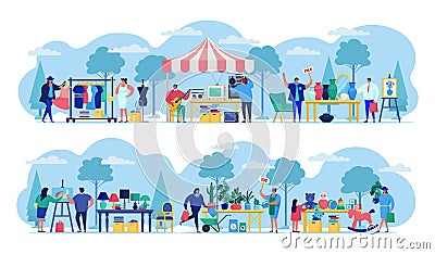 Flea market with people selling old secondhand stuffs at market fair shops flat vector illustration. Vector Illustration