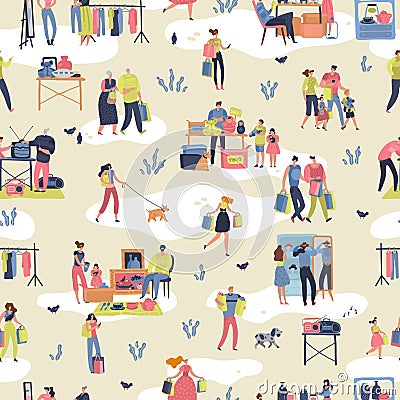 Flea market. People shopping second hand stylish goods clothes swap meet bazaar texture. Fleas market seamless pattern Vector Illustration