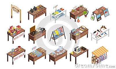 Flea Market Stalls Set Vector Illustration