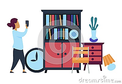 Flea market, woman making photo of furniture for sale Vector Illustration